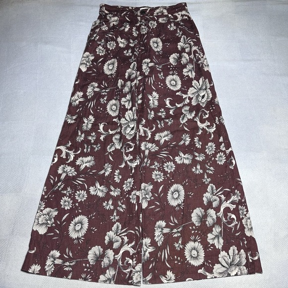 Anthropologie Brown Floral Linen‎ Blend Pleated Wide Leg Pants Women's Size 0 - Picture 1 of 13